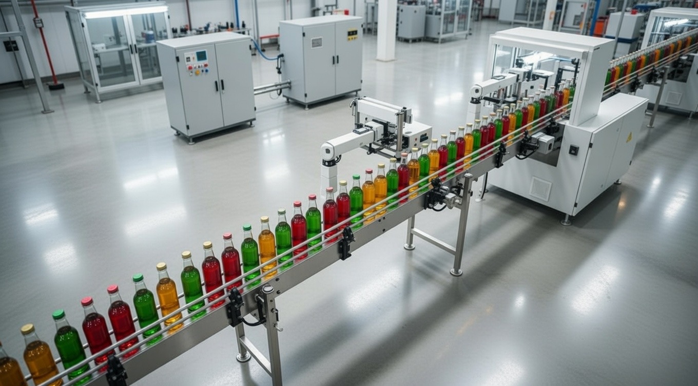 Automated beverage production line with bottling conveyor